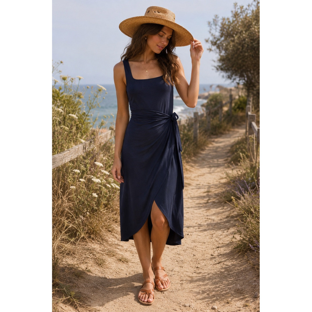 Quince Tencel Jersey Side Tie Midi Dress Navy Blue Minimalist Quiet Luxury Boho